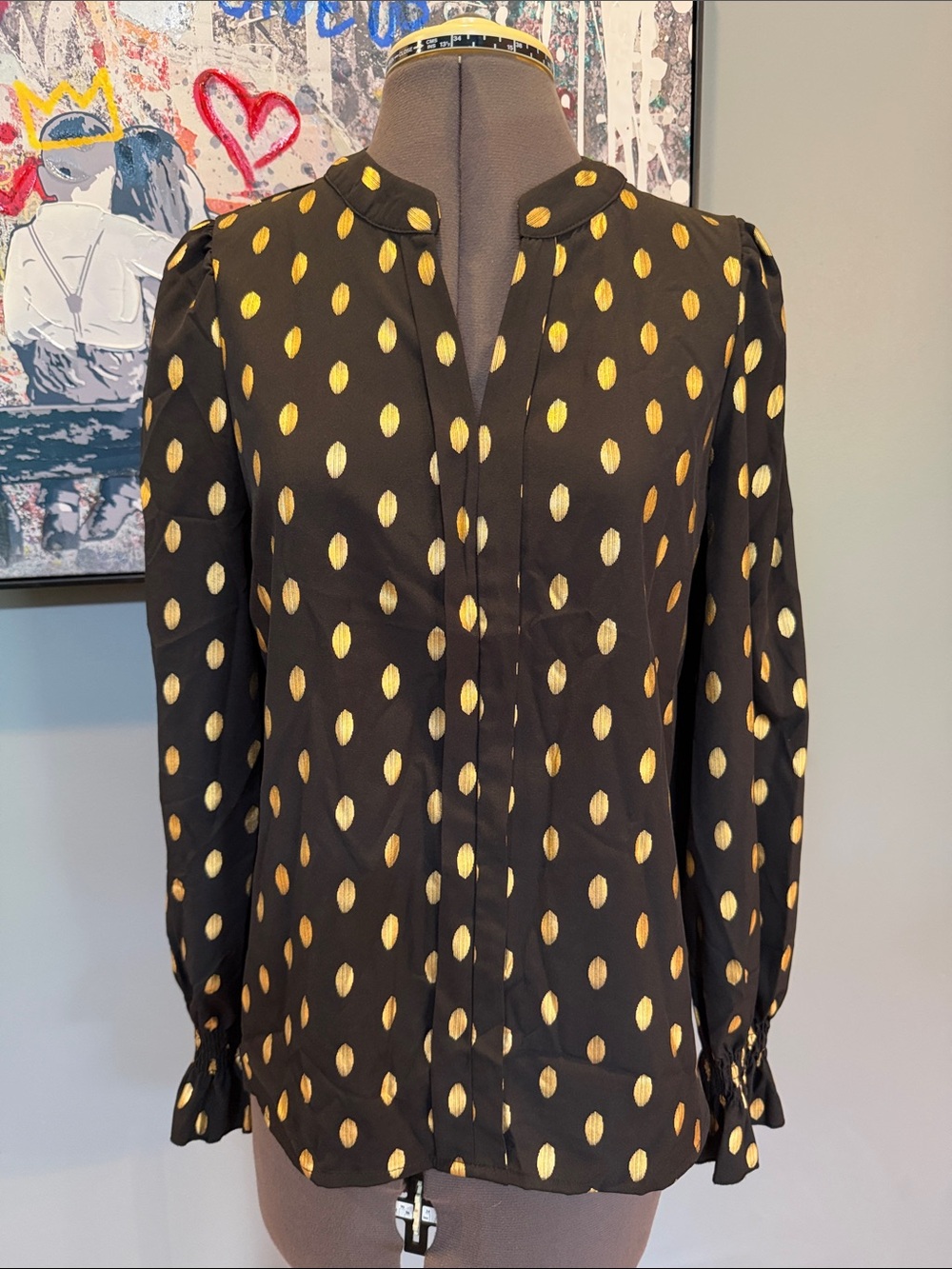 SHEIN Black Long-Sleeve Blouse with Gold Oval Polka Dots